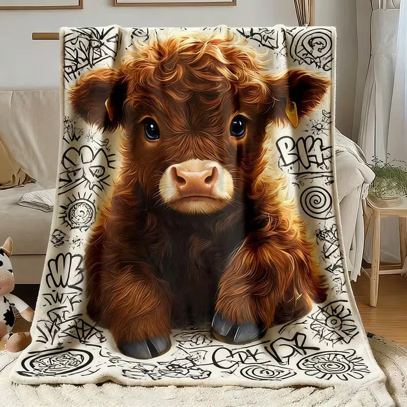 A fluffy brown Highland calf wearing a flannel blanket with a girly charm design.