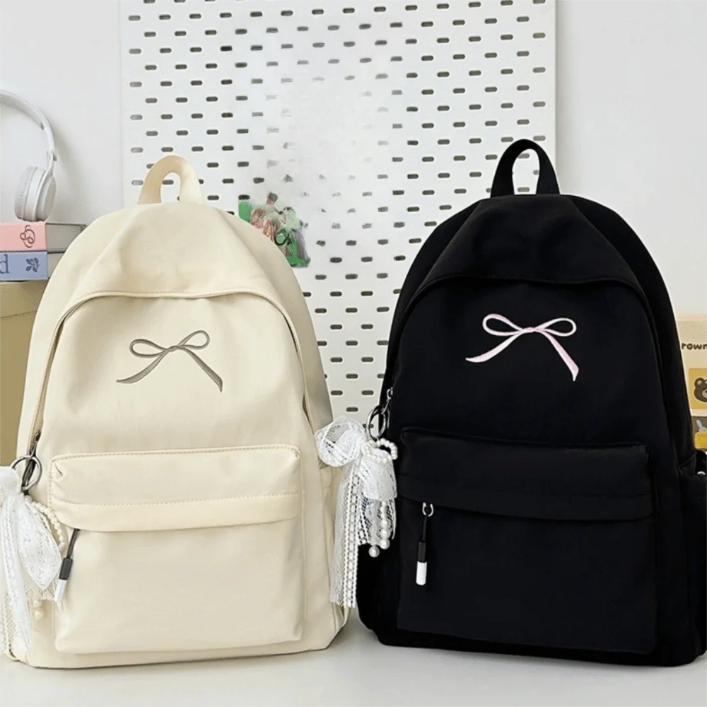 Embroidered Bow Nylon Backpack for Girls – Lightweight & Spacious