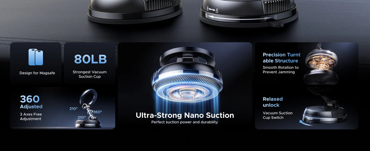 A black magnetic car phone mount featuring a suction cup, designed for strong vacuum suction and 360-degree adjustment.