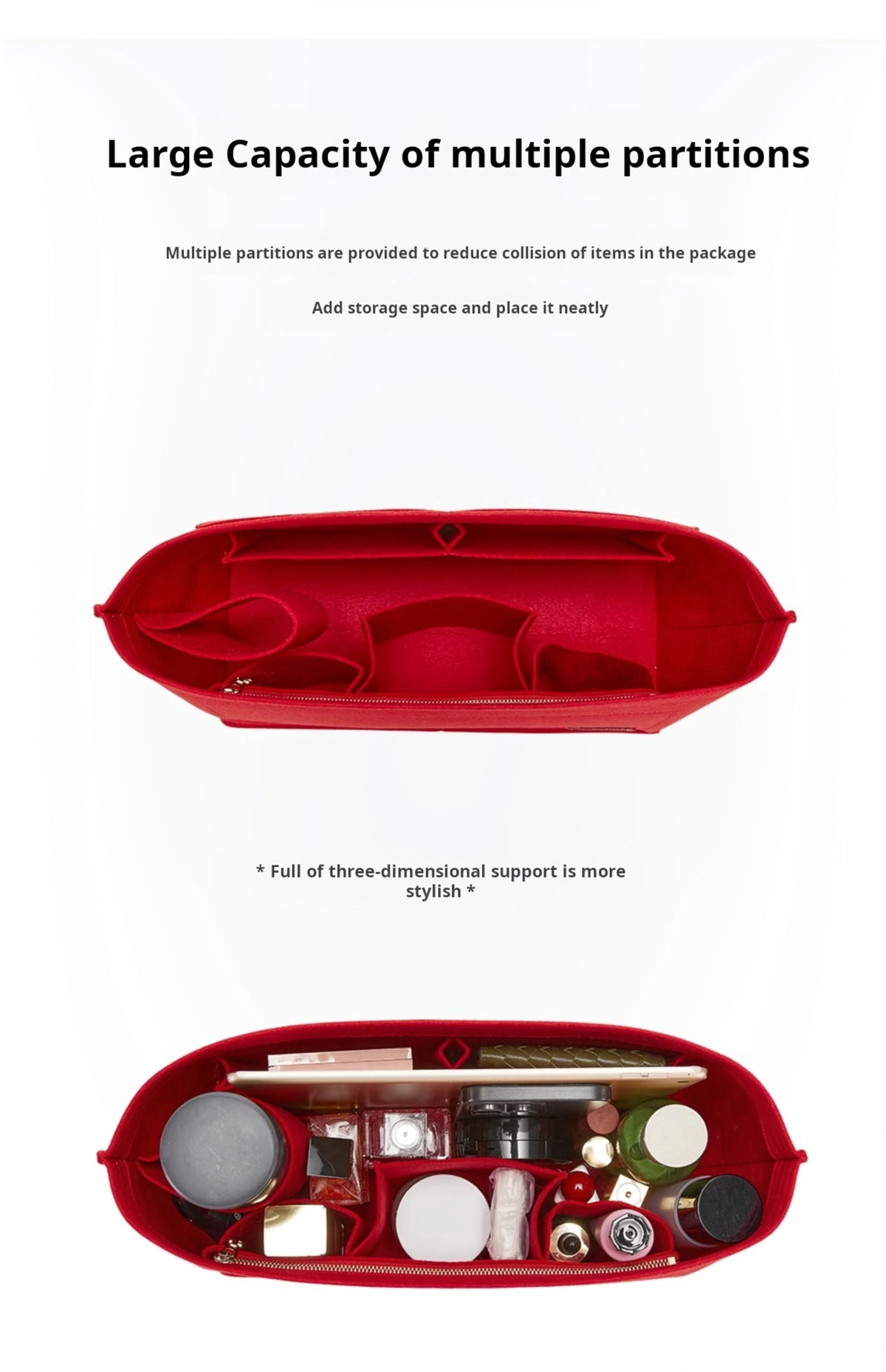 A red felt tote bag organizer insert showing multiple partitioned pockets for storing items.