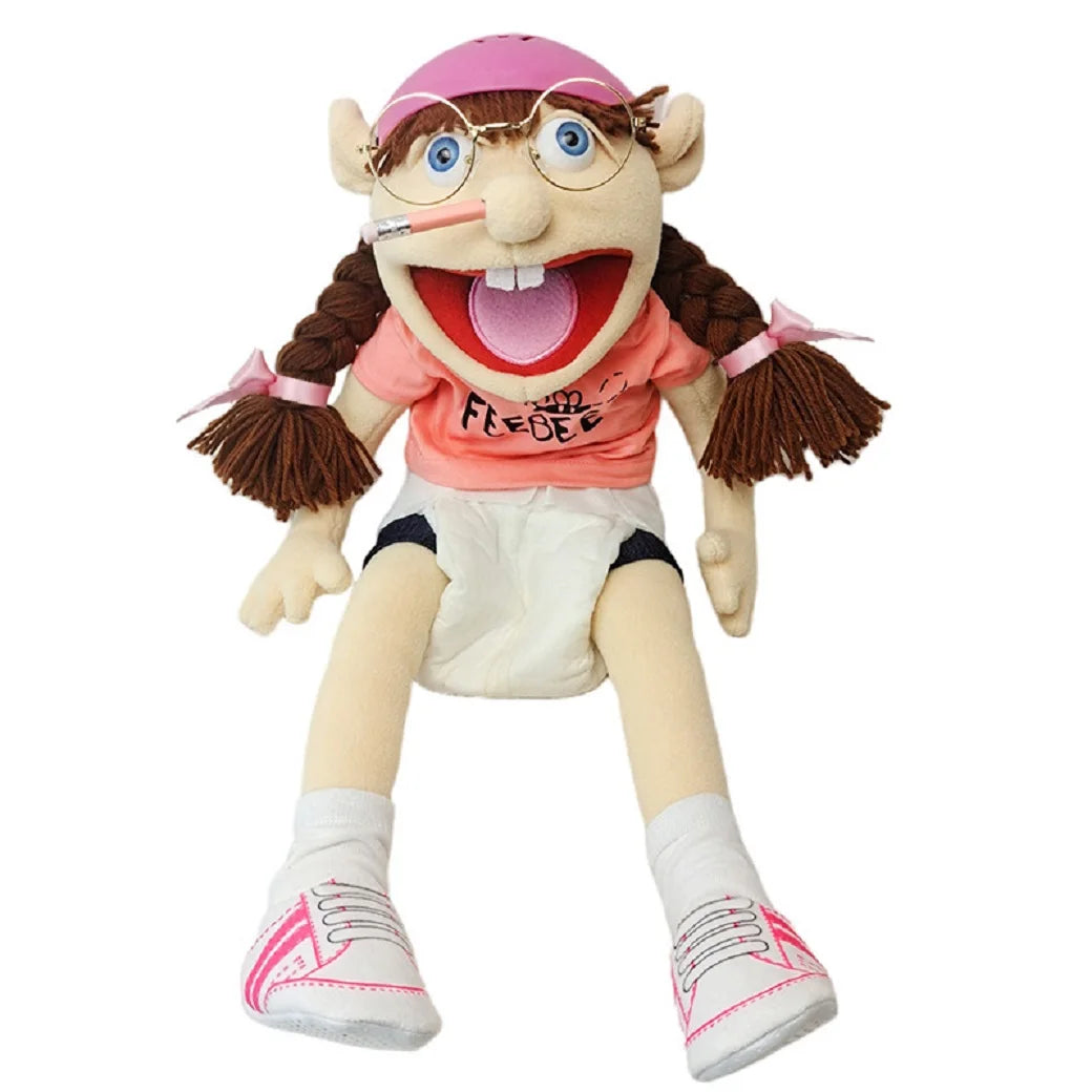 A plush toy of the character Jeffy featuring pink hair, glasses, and an open mouth.