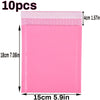 A pink self-seal padded bubble mailer with dimensions of 15cm by 18cm.