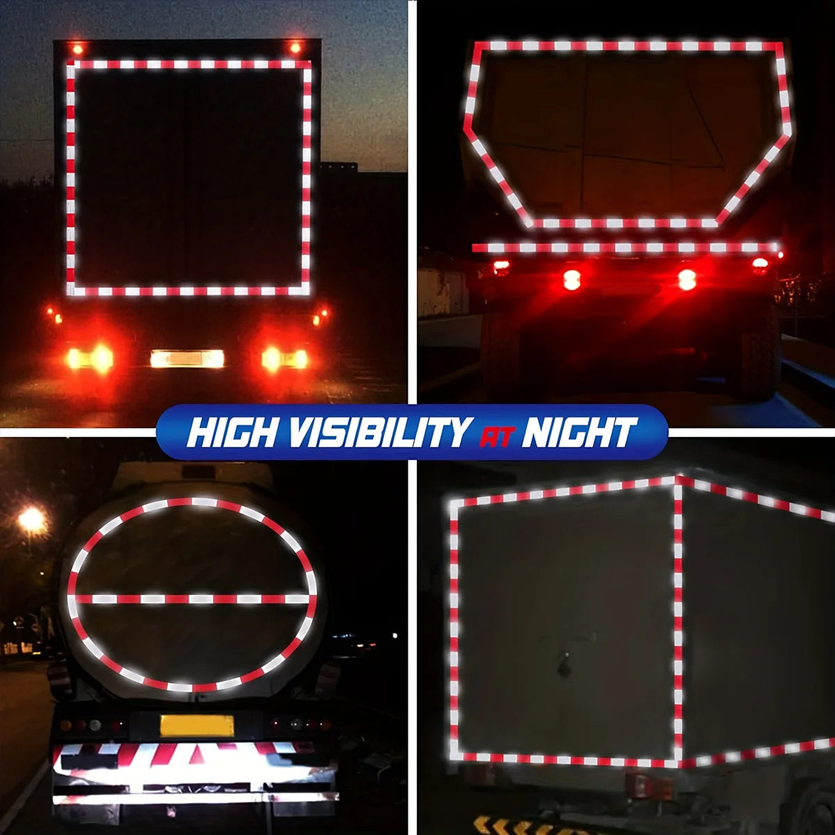 Three images showing various high visibility reflective light patterns and tape used for vehicle safety.