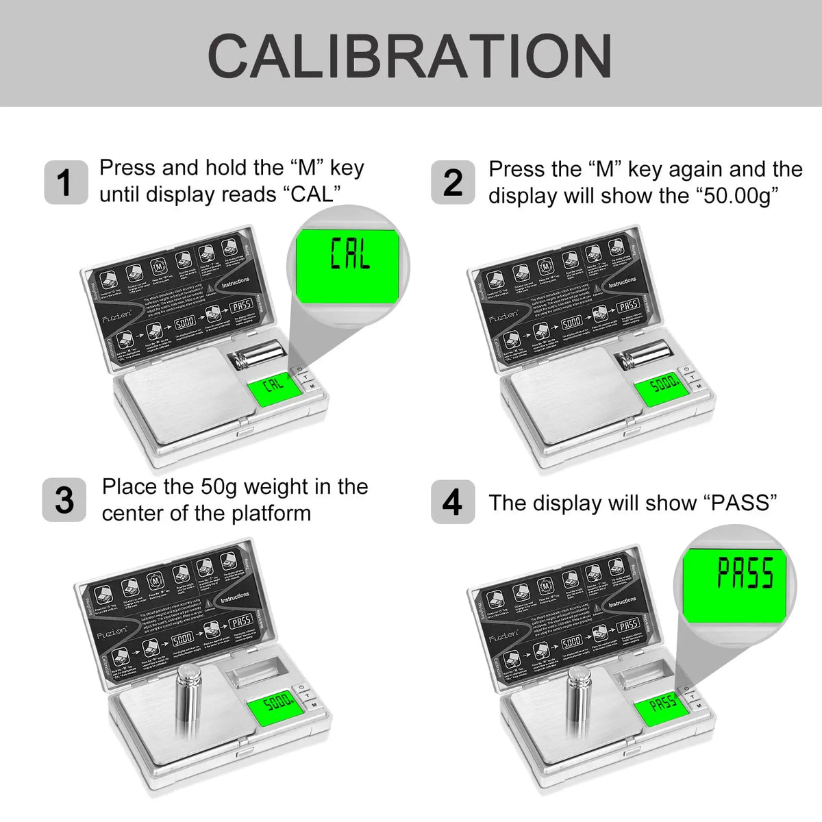 A four-step calibration process for a high-precision digital pocket scale showing instructions and display readings.