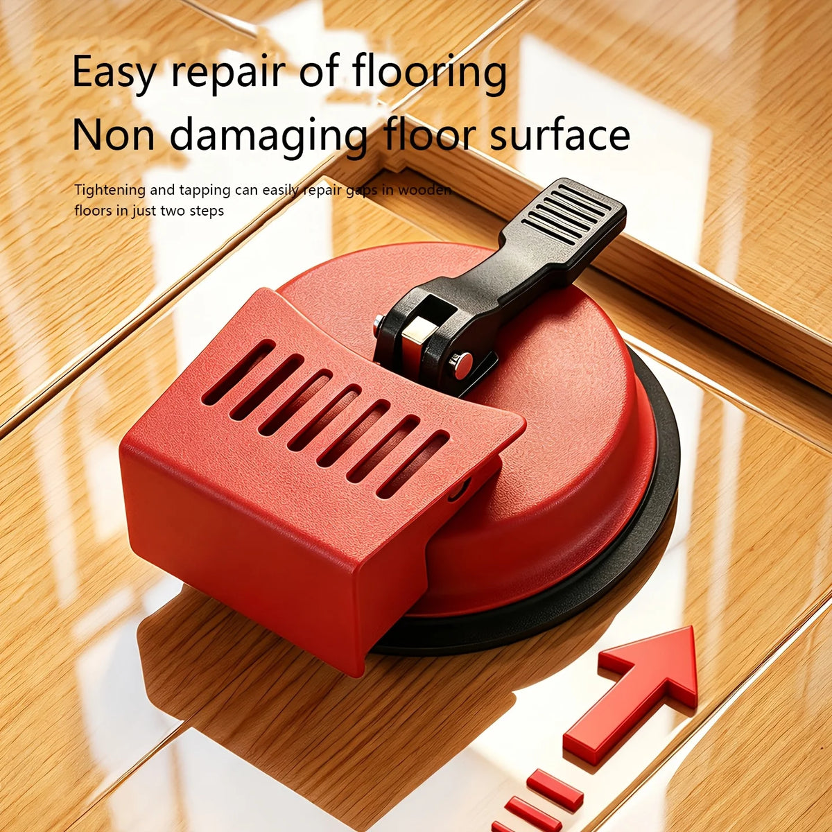 A red heavy-duty floor gap fixer with a suction cup is shown being used to repair wooden floors.