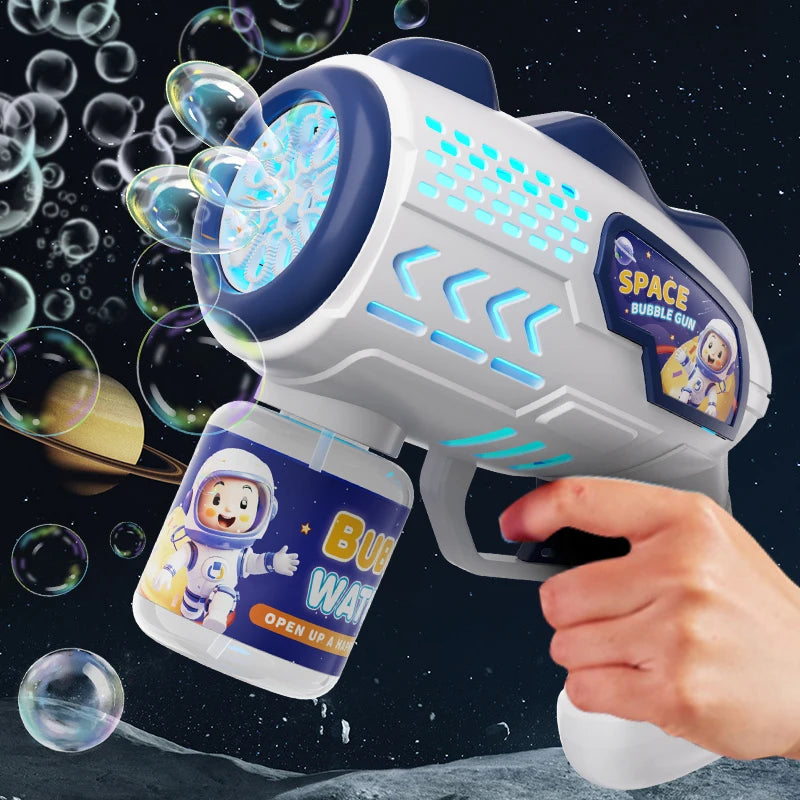 A hand holds a white and blue bubble gun toy with an astronaut design, ready to shoot bubbles against a dark background.