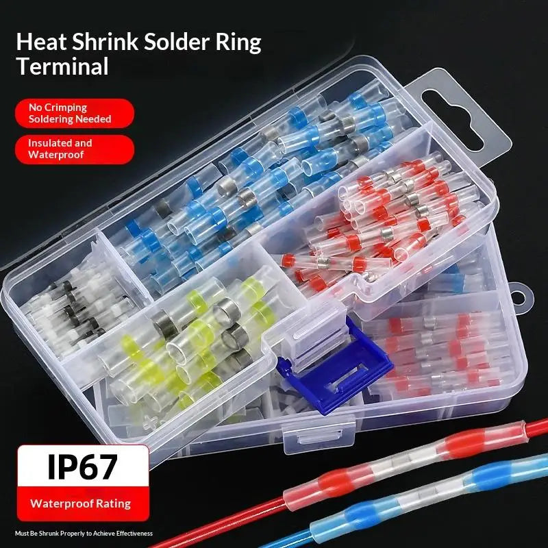 Clear plastic box containing heat shrink solder ring terminals and wires for waterproof electrical connections