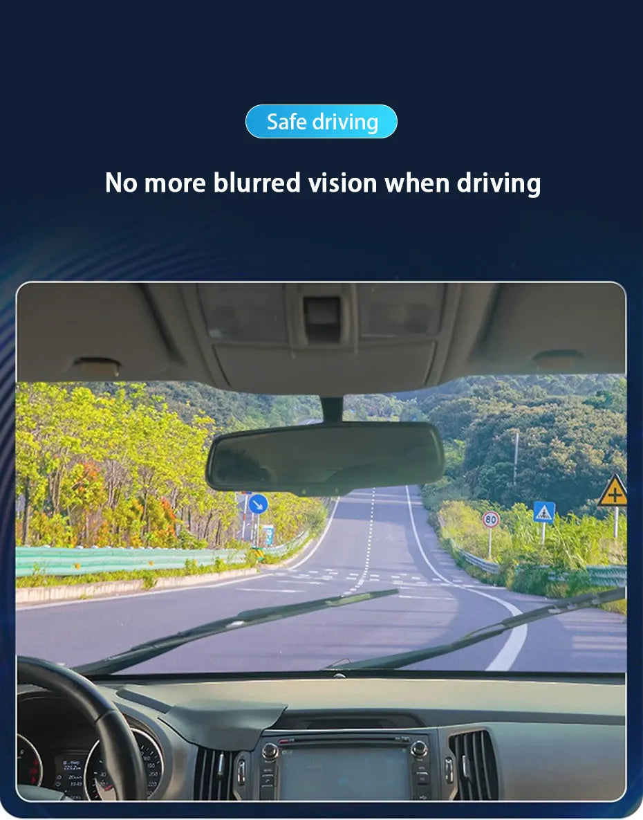 A car interior view showing a windshield with clear vision, promoting safe driving features.