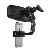 A black phone holder device is shown gripping a smartphone, designed for a 360° rotating car rearview mirror.