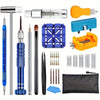 A complete watch repair kit showing various precision screwdrivers, tools, and components for watch maintenance.