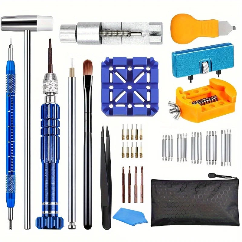 A complete watch repair kit showing various precision screwdrivers, tools, and components for watch maintenance.