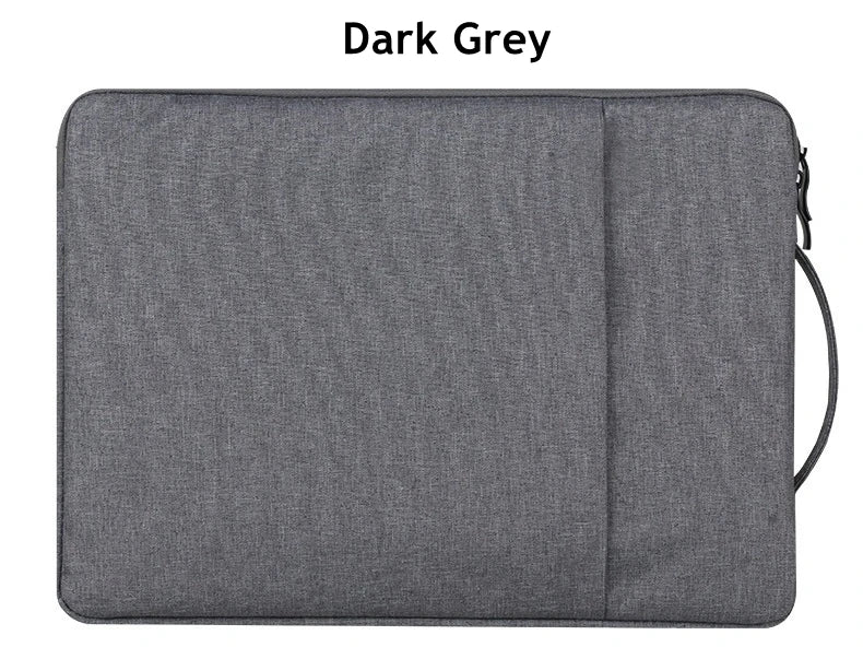 A dark grey waterproof laptop sleeve with a handle for notebooks.