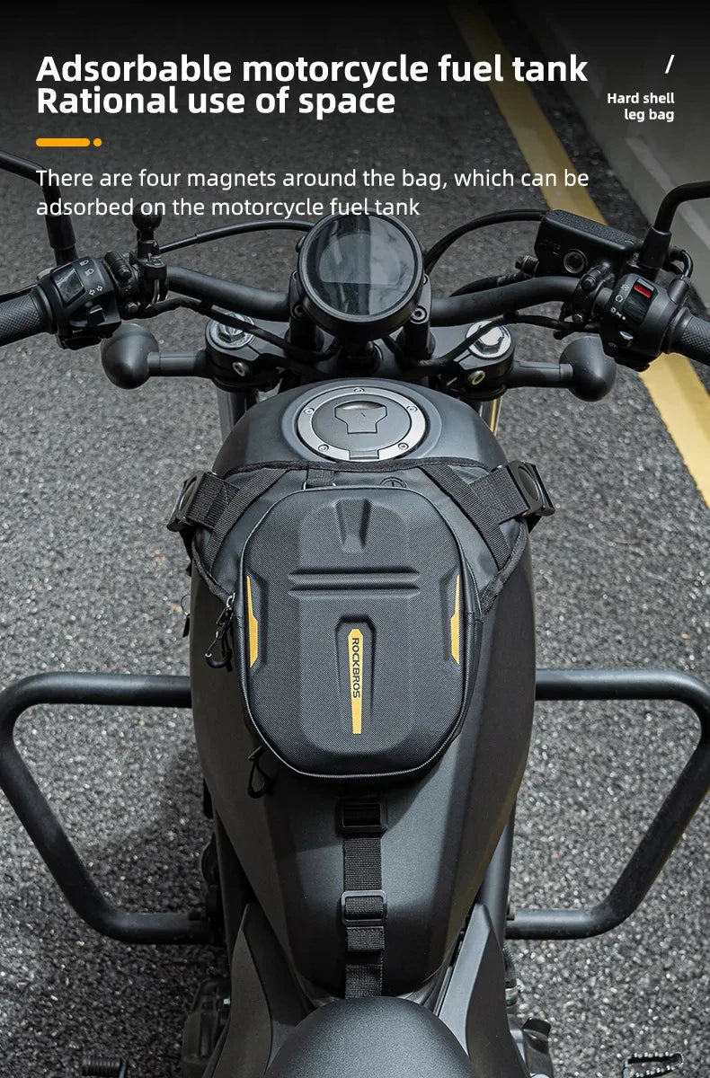 A black motorcycle hip pack is mounted on a bike, showing magnets designed to be adsorbed onto the fuel tank.