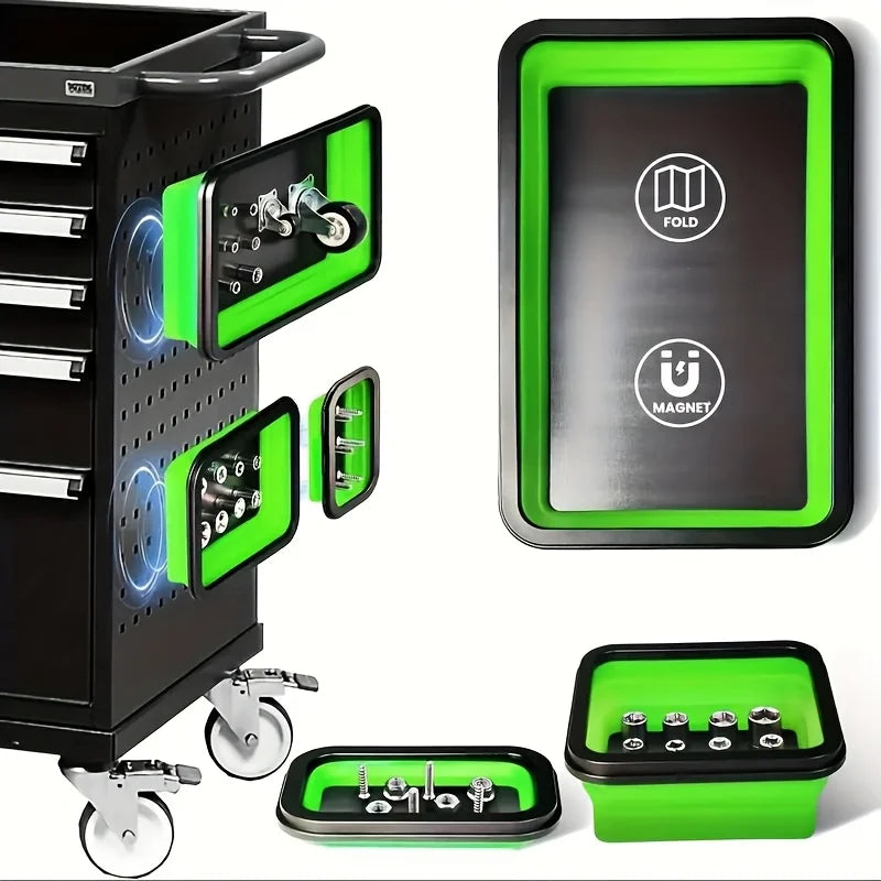 A black storage organizer featuring a green magnetic parts tray and an accessory tray.