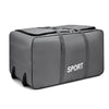 A gray heavy-duty waterproof travel duffel bag with black straps and the word SPORT printed on it.