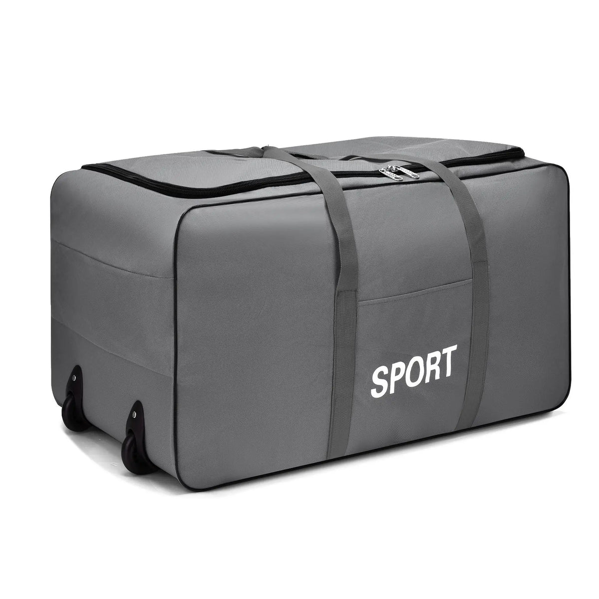 A gray heavy-duty waterproof travel duffel bag with black straps and the word SPORT printed on it.