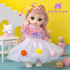 A pink-haired fashion doll wearing a white dress and a yellow floral headband, standing next to a small white animal figurine