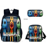 A blue backpack featuring illustrations of animal doctors and a matching crossbody bag.