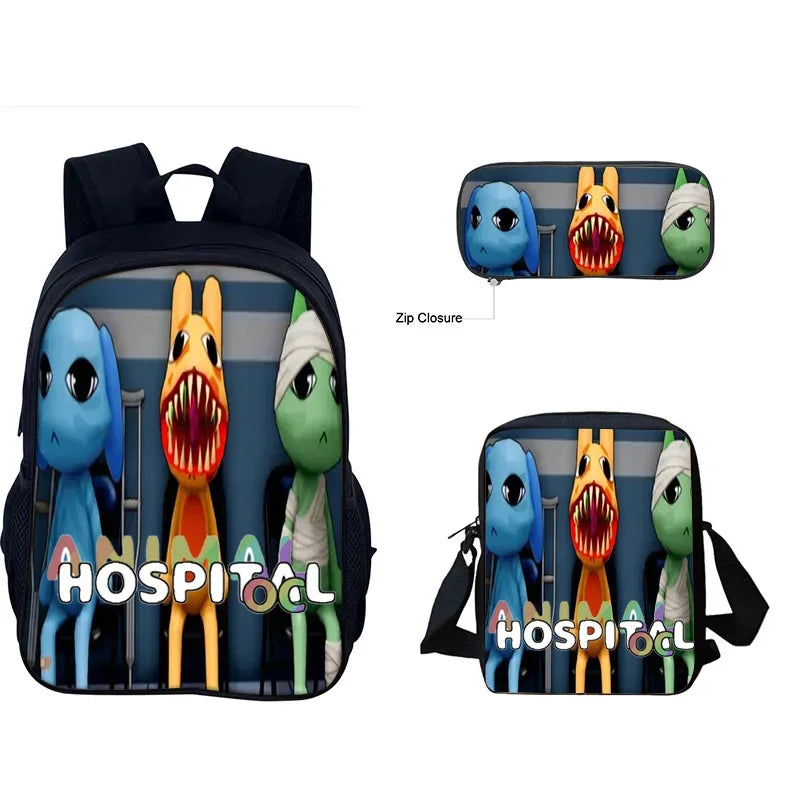 A blue backpack featuring illustrations of animal doctors and a matching crossbody bag.