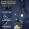 A black nylon braided fast charging cable is shown with various durability features and a 3KG test.