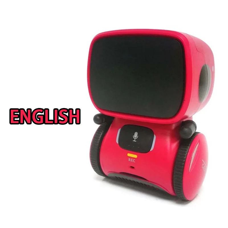 A red interactive voice-controlled robot toy with a black screen and audio input button.