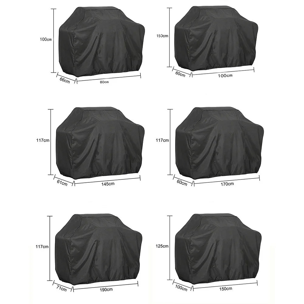 Black weatherproof oxford cloth BBQ grill cover shown in various sizes and angles.