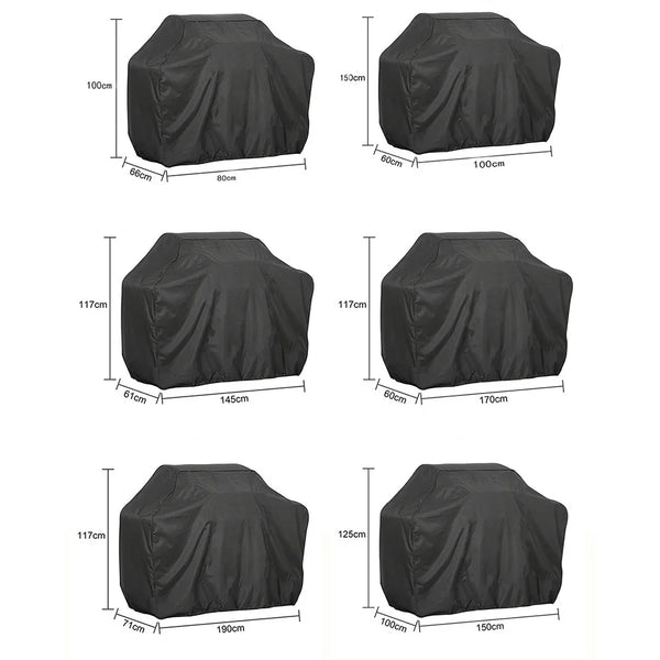 Black weatherproof oxford cloth BBQ grill cover shown in various sizes and angles.