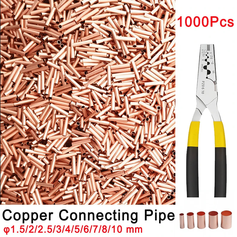 A close-up view of 1000 pieces of copper connecting pipe with various diameters, including a pair of pliers.