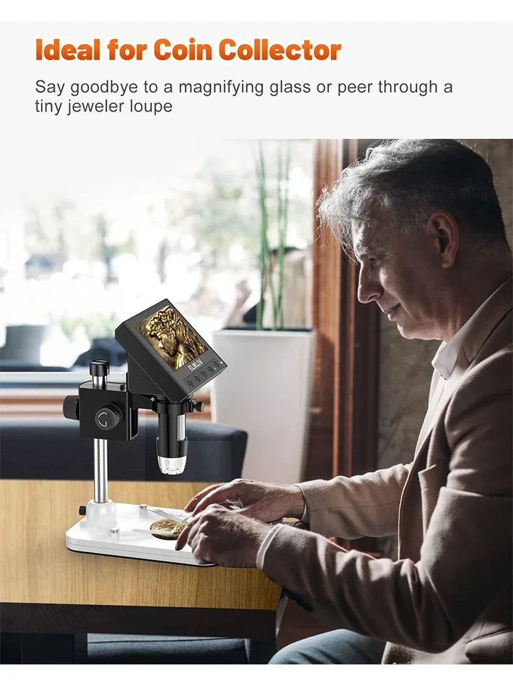 A man is using a 4.3 inch LCD digital microscope with 1000x magnification to inspect a piece of jewelry.