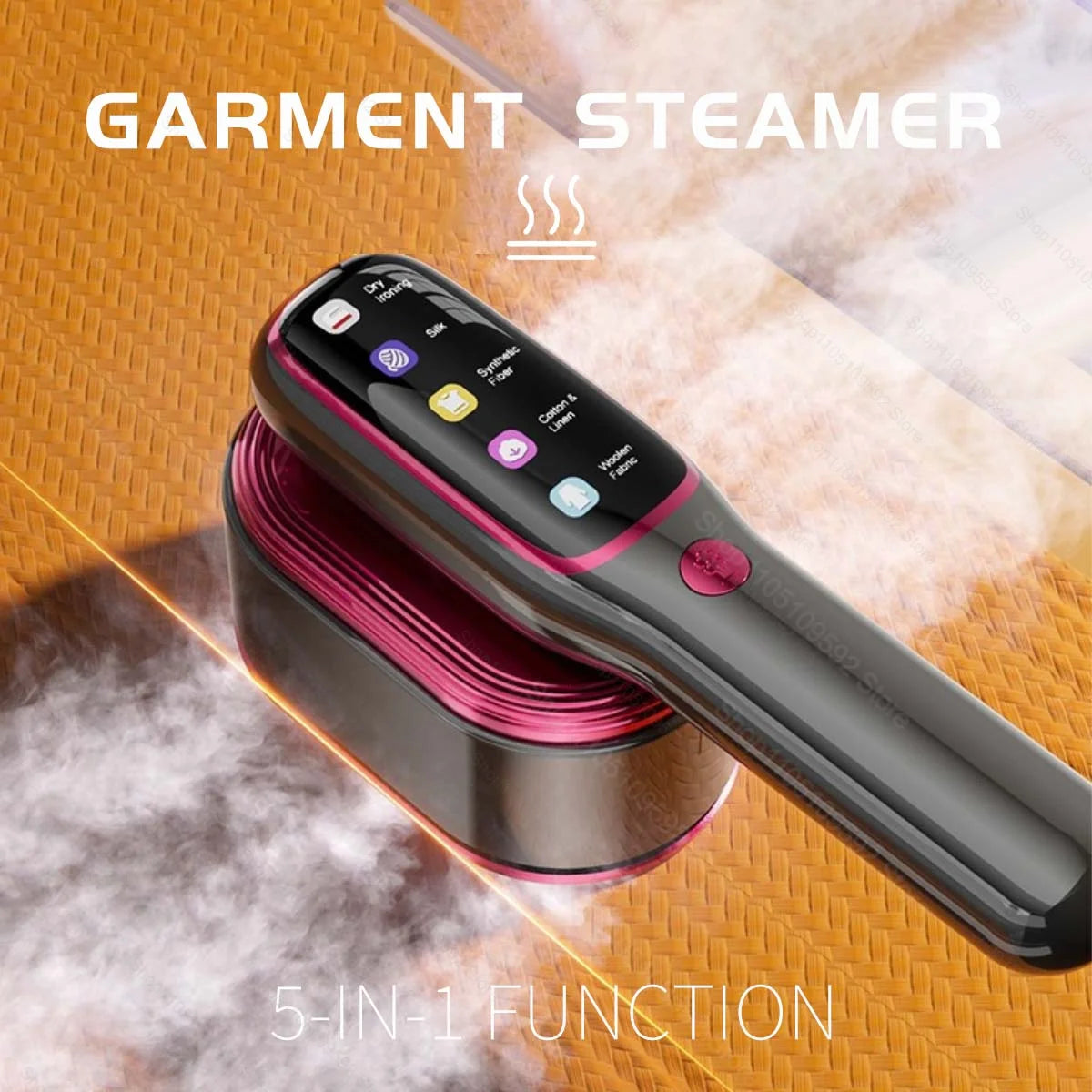 A black and pink portable handheld garment steamer is shown steaming fabric on a textured orange surface.