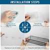 Installation steps showing how to clean the wall, peel off protective film, and hang the shelf after 12 hours.