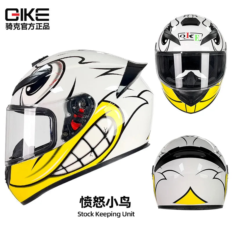 A white and yellow retro full face motorcycle helmet with a clear visor shown in various angles.