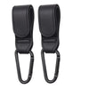 A pair of black PU leather stroller hooks with swivel bags for organizing strollers and prams.