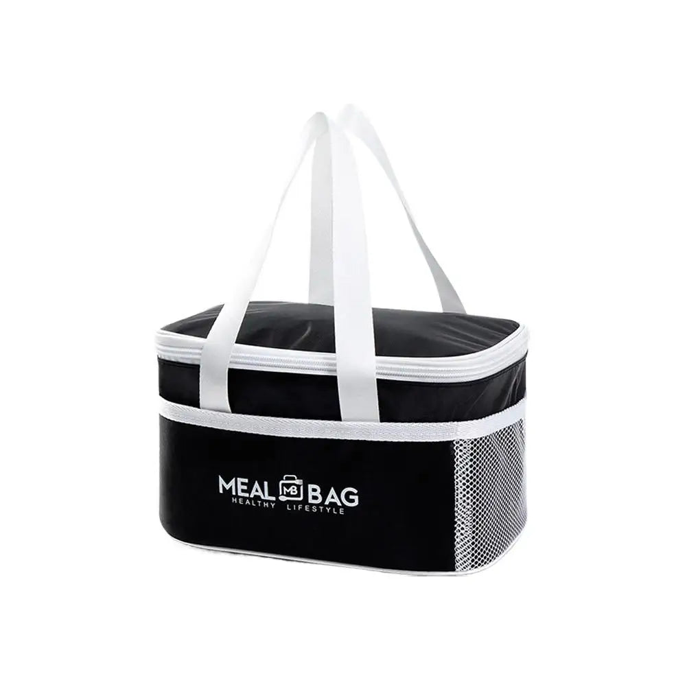 Black insulated lunch bag with white straps and mesh lining