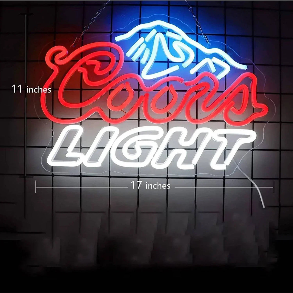 An LED neon sign featuring a mountain logo and the words COCOA LIGHT displayed on a dark background.
