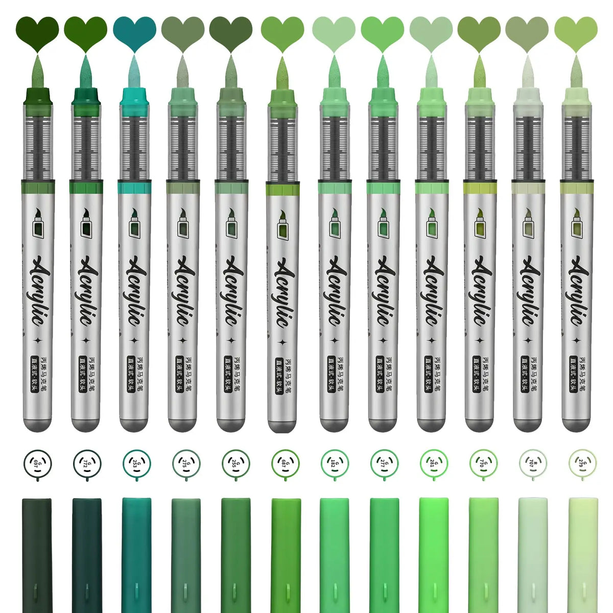A collection of twelve acrylic paint marker pens in various shades of green and teal, showing different brush tips.