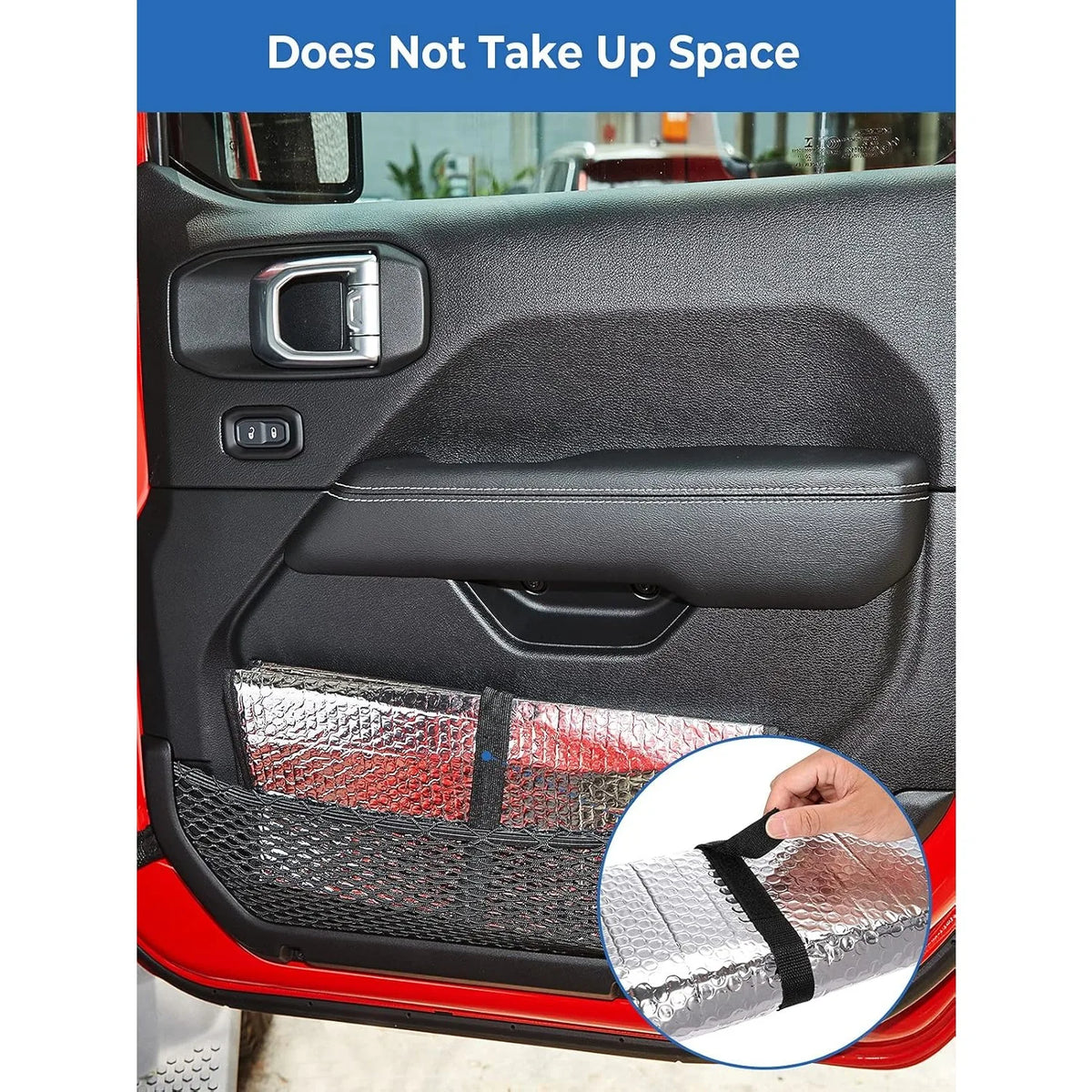 A custom-fit windshield sunshade is shown fitting into a vehicle's interior, with a close-up view of the shade material.