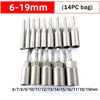 A set of stainless steel nut driver bits ranging from 6 to 19mm, packaged in a 14 piece bag.