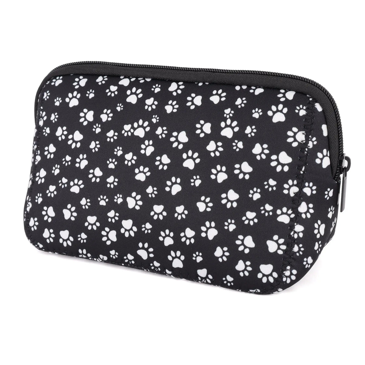 Black and white paw print cosmetic bag with a zipper for travel makeup organization