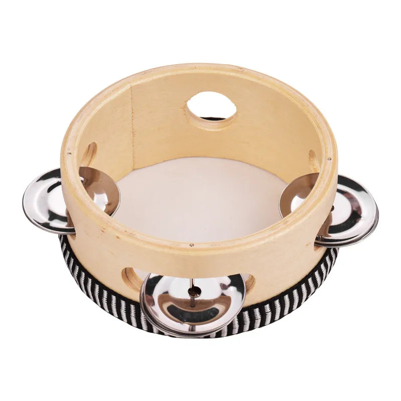 Compact Wooden Hand Tambourine with Metal Jingles