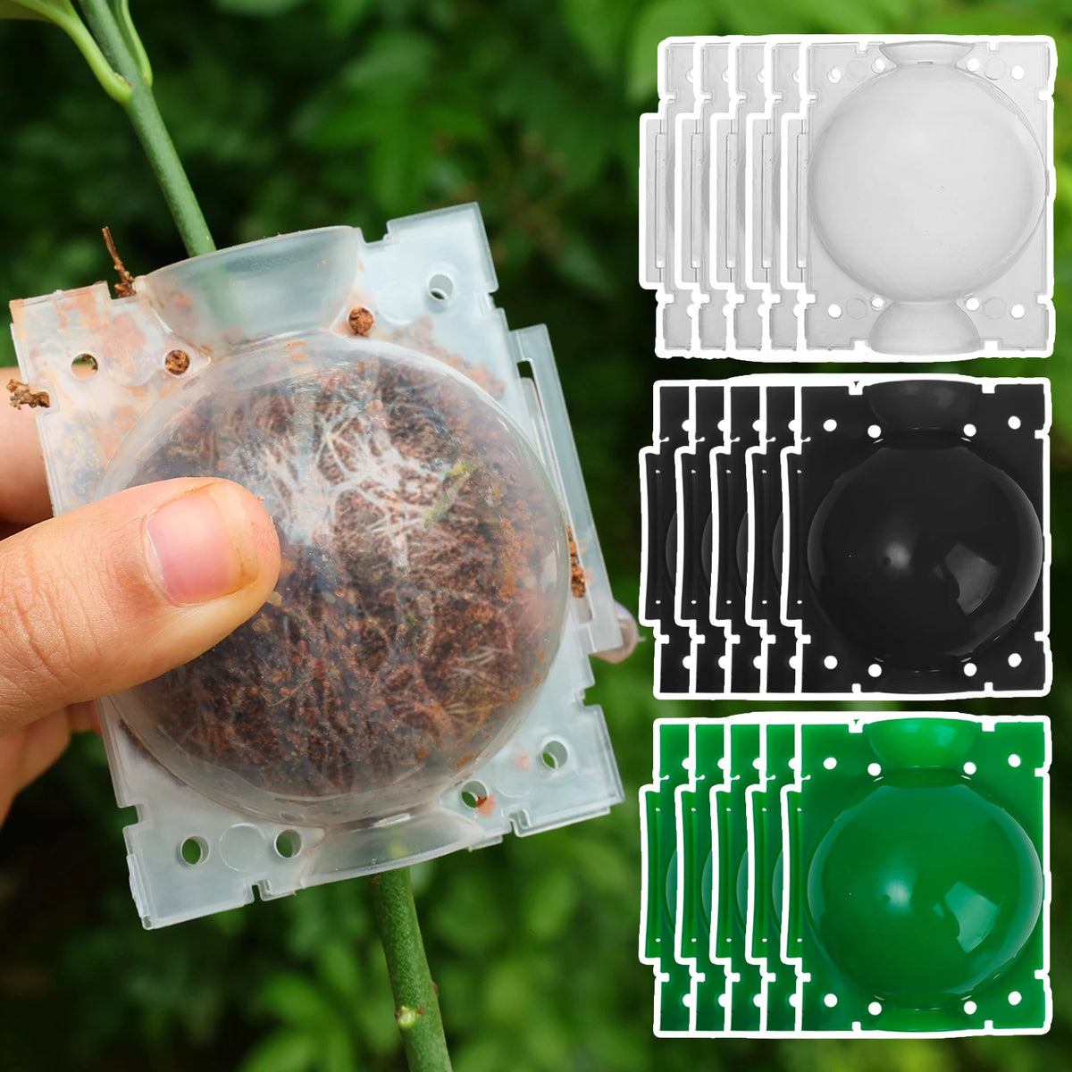 A hand holds a reusable plant rooting ball with a hinged lid, showing three colors: brown, black, and green.