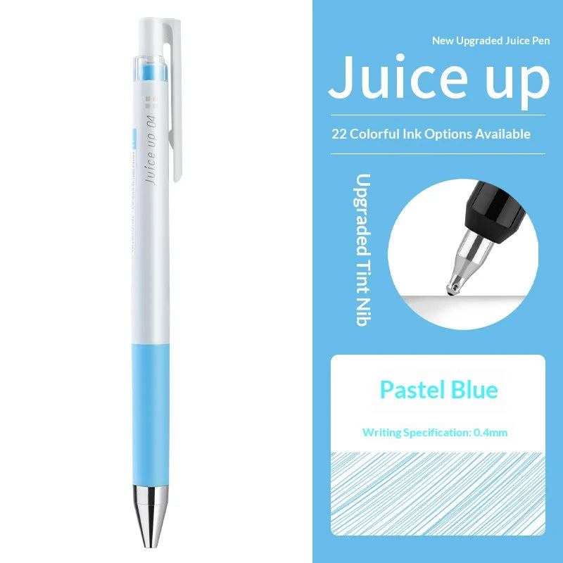 Ein weißer und blauer Pilot Juice Up Gelstift neben Optionen für bunte Tintenstifte