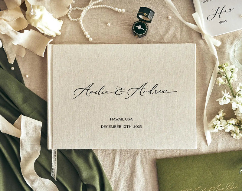 Libro de invitados de lino personalizado para bodas