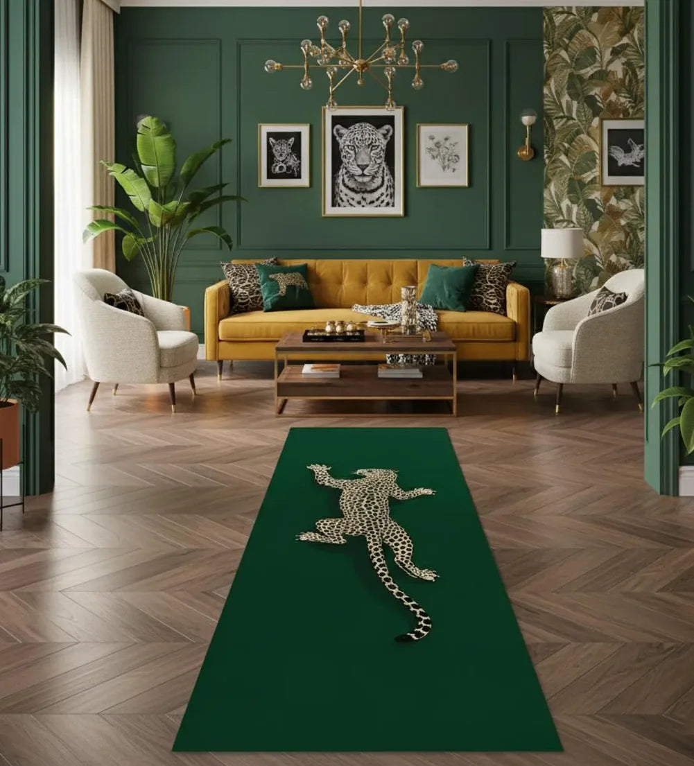 A dark green runner rug with a silver leopard print design placed on a wooden floor in a richly decorated room.