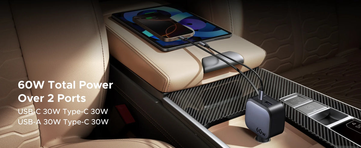 145W USB-C & USB-A Car Charger with Retractable Cable