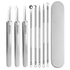 A set of five stainless steel tools for acne and blackhead removal, including tweezers and probes.