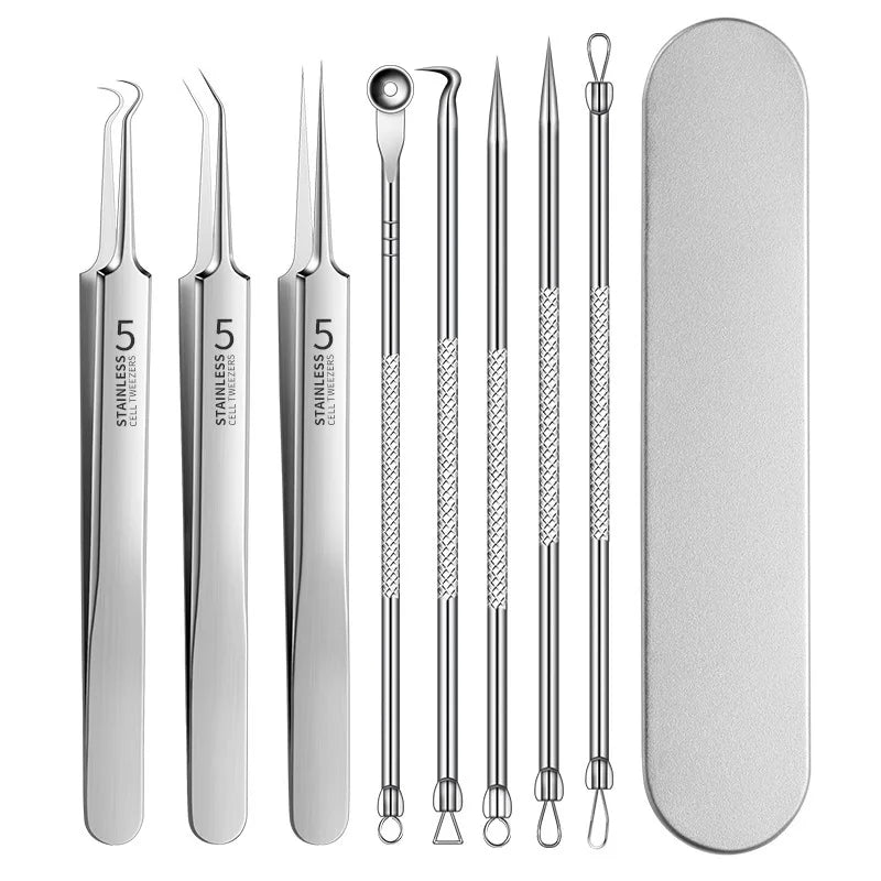 A set of five stainless steel tools for acne and blackhead removal, including tweezers and probes.