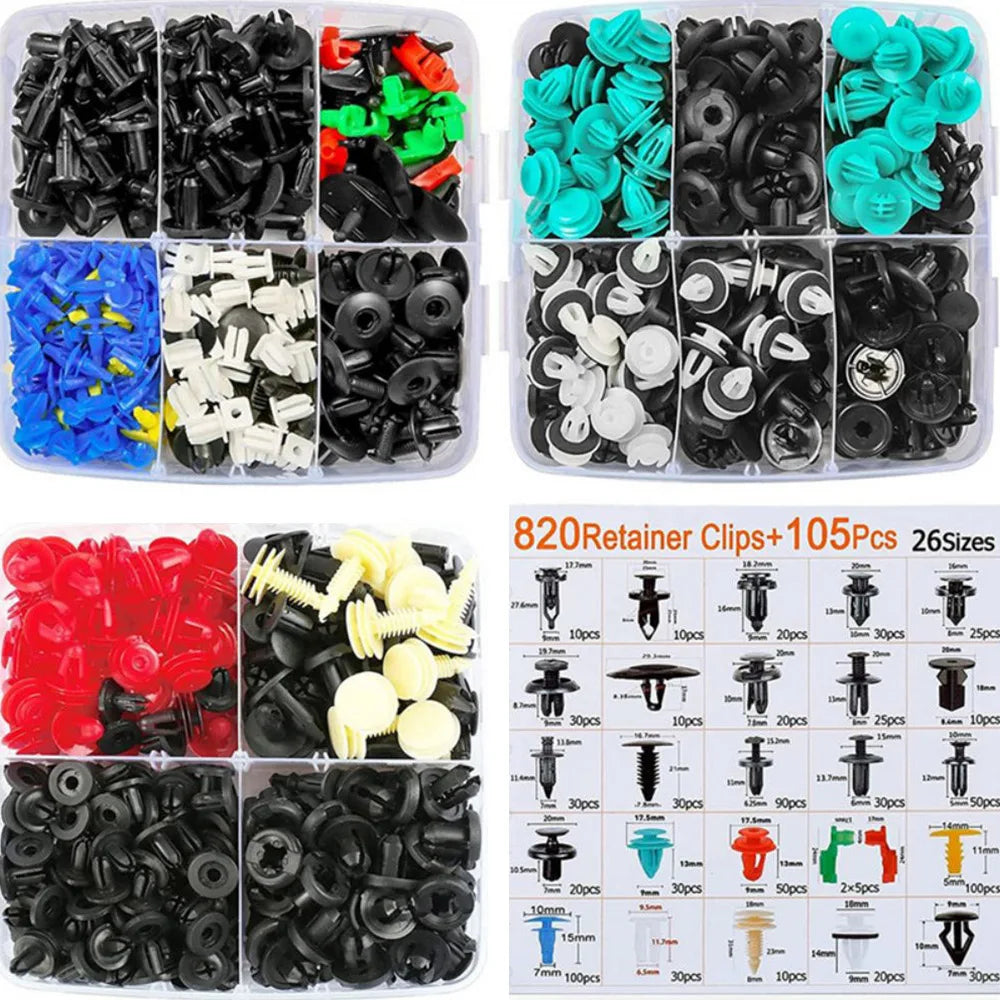 Assortment of 105 retainer clips and fasteners in various colors and sizes for automotive trim and panels