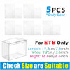 Five clear PET protective cases for Elite Trainer boxes, showing dimensions and suitability.