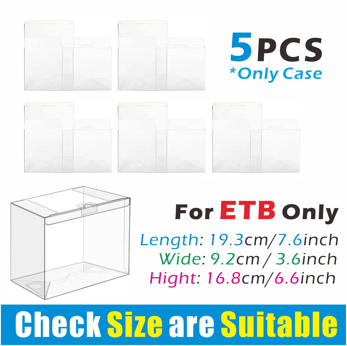 Five clear PET protective cases for Elite Trainer boxes, showing dimensions and suitability.